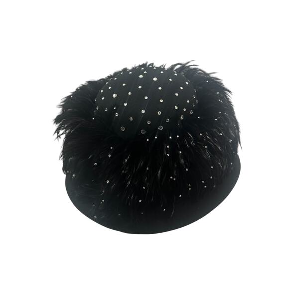 Vintage 80s Essence Hat Black Feathered Wide Brimmed Derby Church Hat - Picture 8 of 9